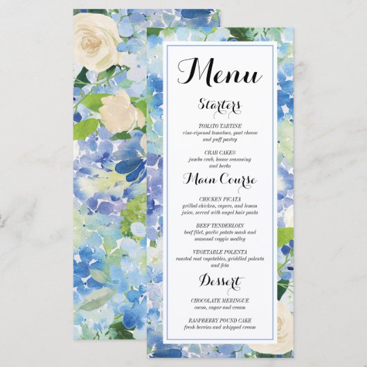Cartes de menu Hydrangea Fleur Bleue (Devant / Derrière)