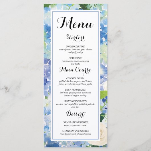 Cartes de menu Hydrangea Fleur Bleue (Devant)