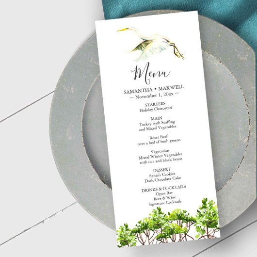 Cartes de menu mariage Aquarelle Héron blanc