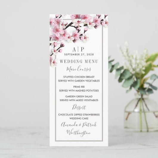 Cartes de menu Mariage blanc rose cerisier (Debout devant)