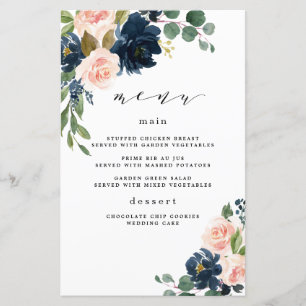 Cartes de menu Mariage bleu marine et rose pâle