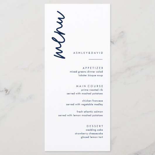 Cartes de menu Mariage bleu marine simple (Devant)