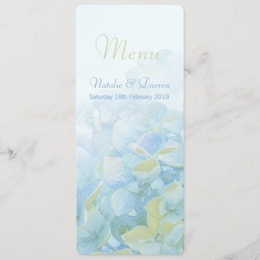 Cartes de menu mariage bleu vert Hydrangea (Devant)