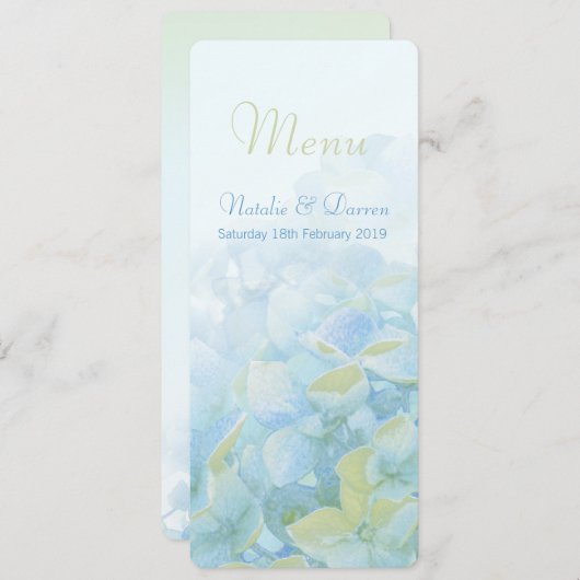 Cartes de menu mariage bleu vert Hydrangea (Devant / Derrière)