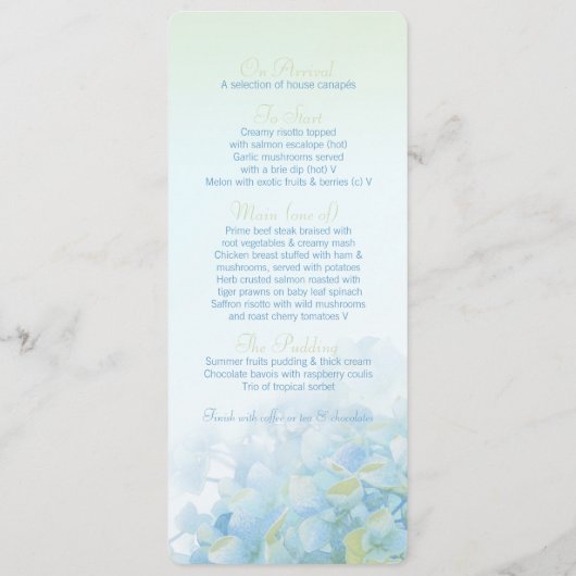 Cartes de menu mariage bleu vert Hydrangea (Dos)