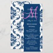 Cartes de menu Mariage Blue Damask Monogram (Devant / Derrière)