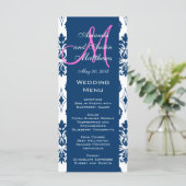 Cartes de menu Mariage Blue Damask Monogram (Debout devant)