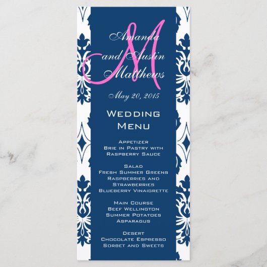 Cartes de menu Mariage Blue Damask Monogram (Devant)
