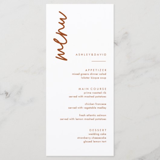 Cartes de menu Mariage Burange Orange Terracotta (Devant)