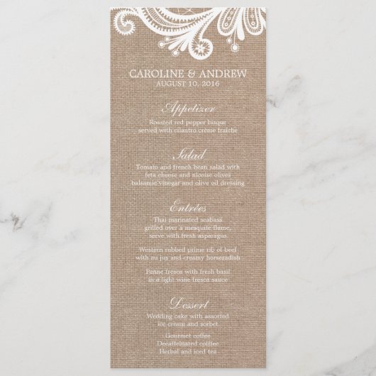 Cartes de menu Mariage Burlap et Lace (Devant)