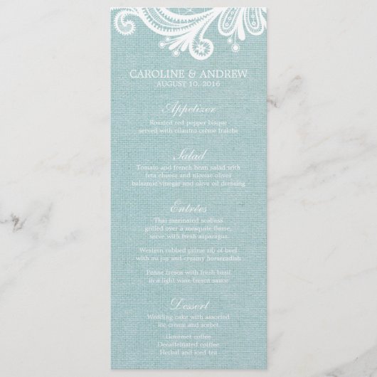 Cartes de menu Mariage Burlap et Lace (Devant)
