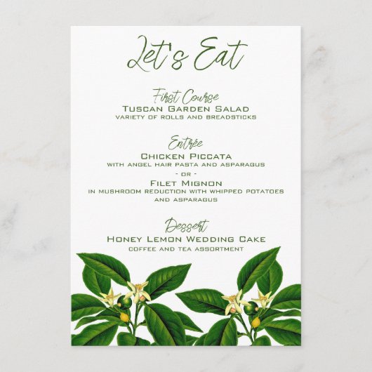 Cartes de menu Mariage citron (Devant)