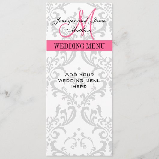 Cartes de menu Mariage Damask Monogramme rose blan (Devant)