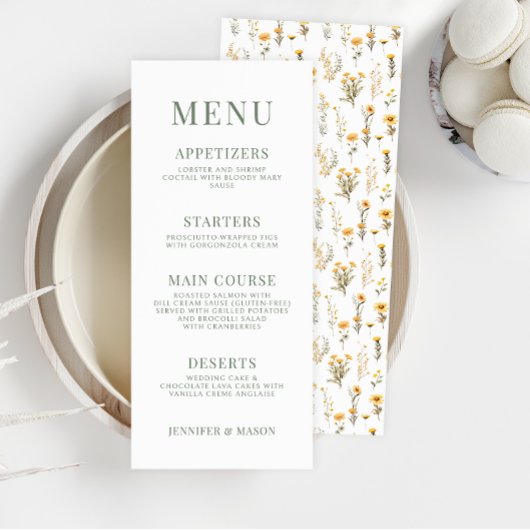 Cartes de menu mariage de fleurs de prairie fleurs