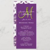 Cartes de menu Mariage de monogramme pourpre damas (Devant / Derrière)