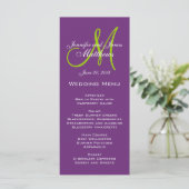 Cartes de menu Mariage de monogramme pourpre damas (Debout devant)