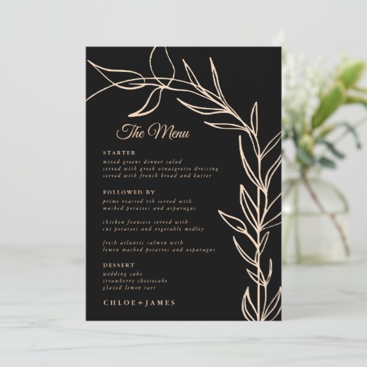 Cartes de menu Mariage de script noir moderne (Debout devant)