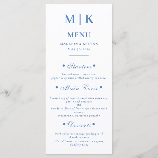 Cartes de menu mariage élégantes (Devant)
