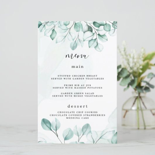 Cartes de menu Mariage Eucalyptus Vert (Debout devant)