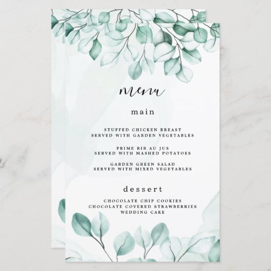 Cartes de menu Mariage Eucalyptus Vert (Devant / Derrière)