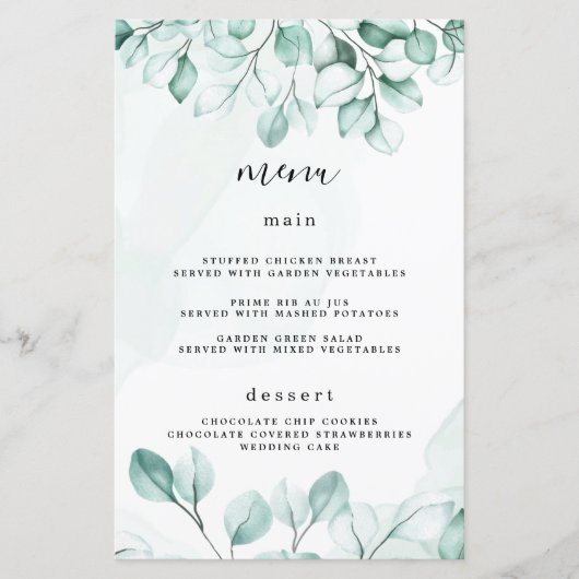 Cartes de menu Mariage Eucalyptus Vert (Devant)