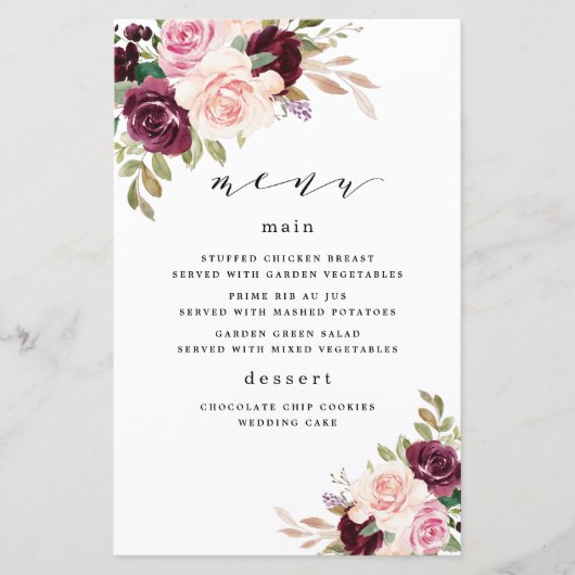 Cartes de menu Mariage Floral Burgundy Blush Rose (Devant)