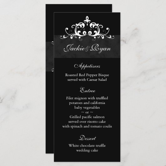 Cartes de menu mariage Formal Black Embellising (Devant / Derrière)