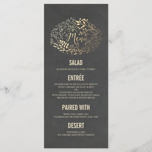Cartes de menu mariage Gold Florals (Devant)