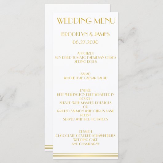 Cartes de menu Mariage Gold Great Gatsby (Devant / Derrière)