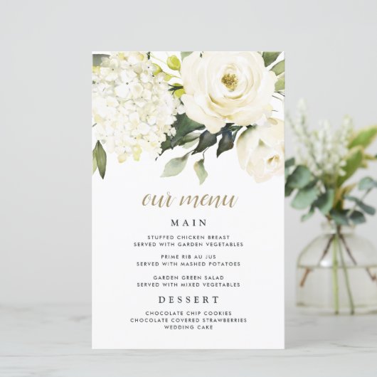 Cartes de menu Mariage Hydrangea Elegant White Gol (Debout devant)