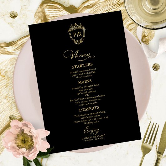 Cartes De Menu Mariage Monogramme Noir Et Or