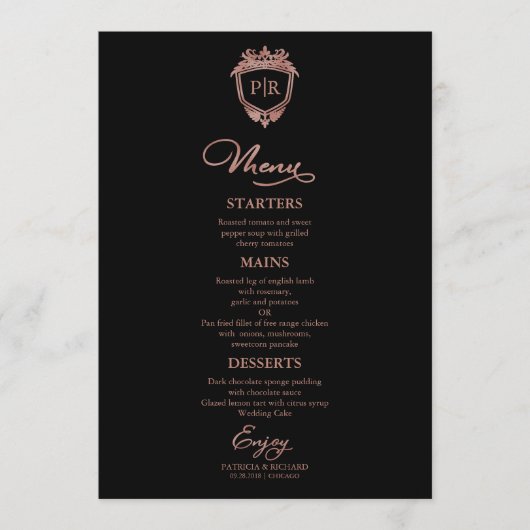 Cartes De Menu Mariage Monogramme Noir Et Rose Or (Devant)