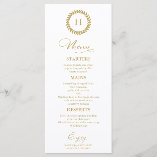Cartes de menu Mariage Monogramme Or (Devant)