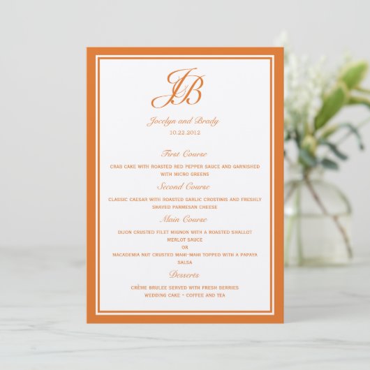 Cartes de menu Mariage Monogramme (orange) (Debout devant)