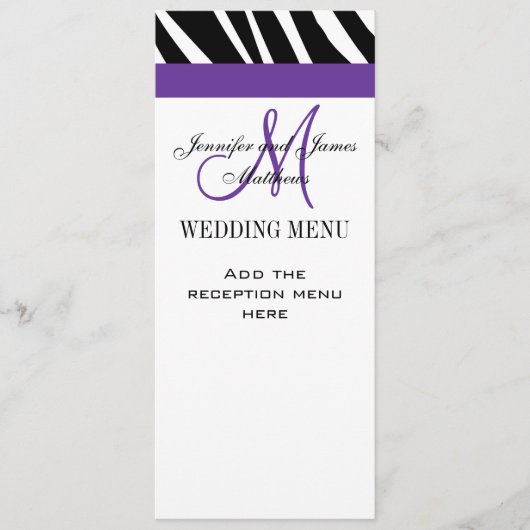 Cartes de menu Mariage Monogramme violet Zebra (Devant)