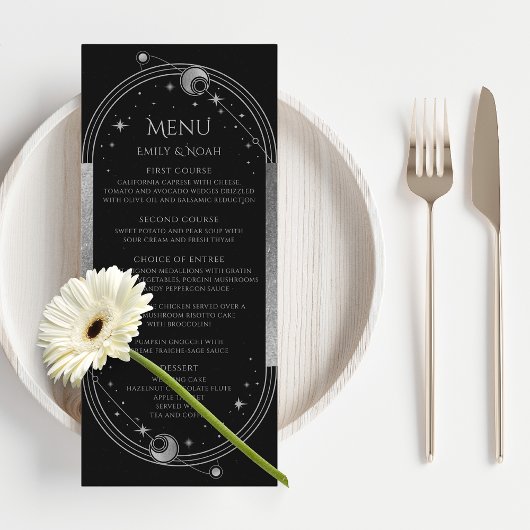 Cartes de menu Mariage Mysical Black Silver Sun Mo