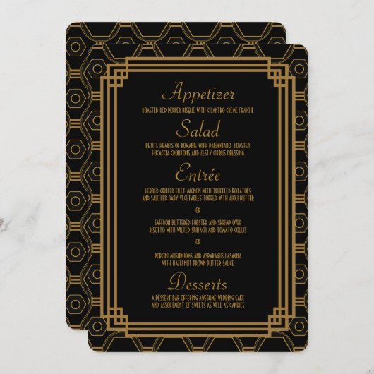Cartes de menu Mariage noir Art déco (Devant / Derrière)