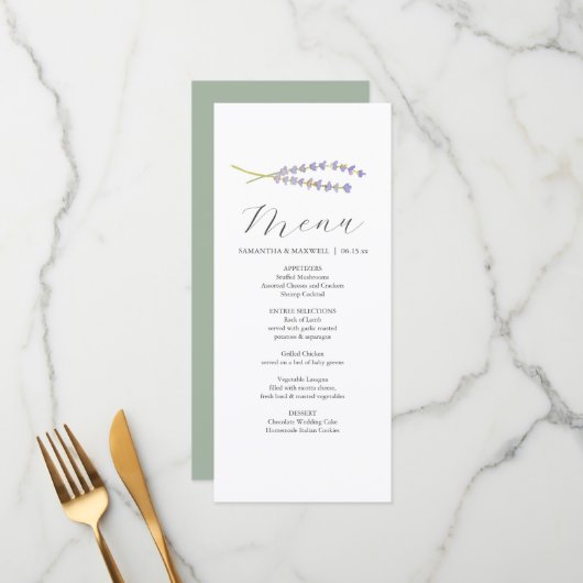 Cartes de menu Mariage personnalisées Lavande & Sa (Devant/Arrière en situation)