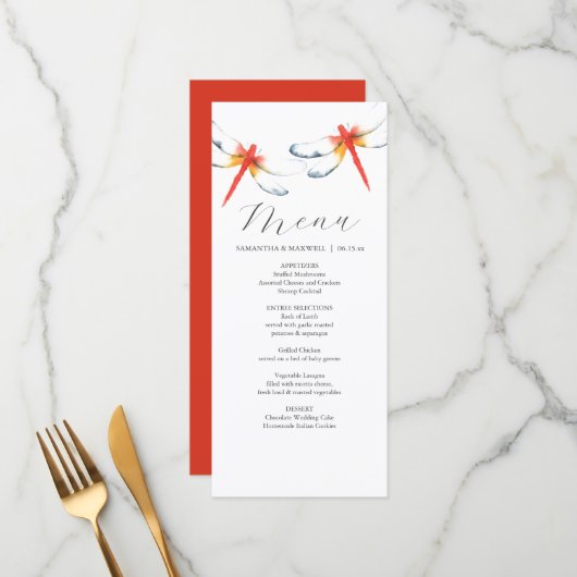 Cartes de menu Mariage personnalisées Rouge libell (Devant/Arrière en situation)
