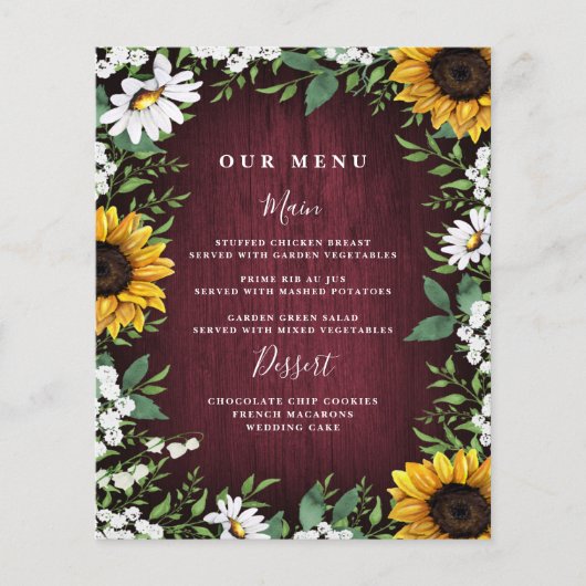 Cartes de menu Mariage pour tournesol rouge Bourgo (Devant)