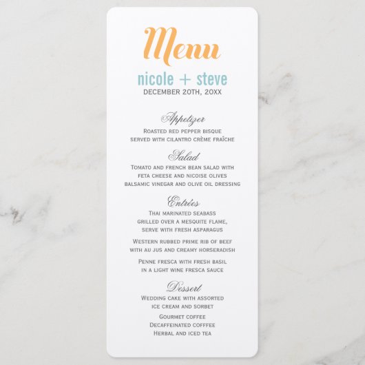 Cartes de menu Mariage Tangerine (Devant)