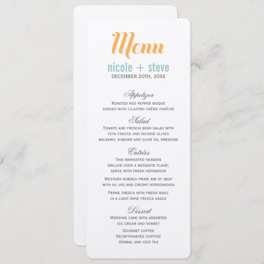 Cartes de menu Mariage Tangerine (Devant / Derrière)