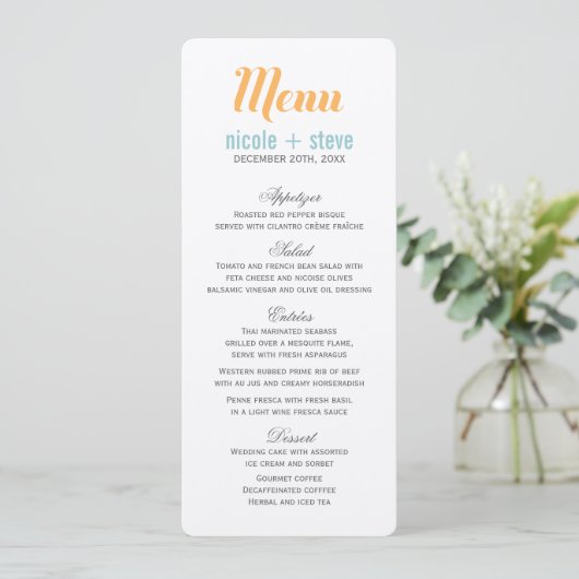 Cartes de menu Mariage Tangerine (Debout devant)