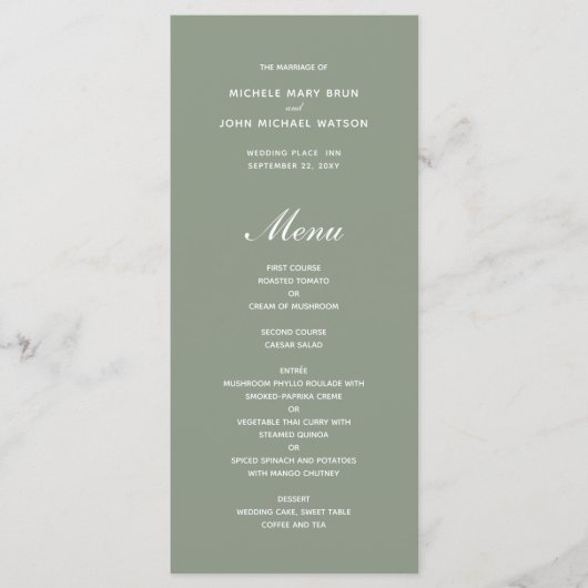 Cartes de menu Mariage vert olive simple (Devant)