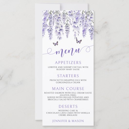 Cartes de menu mariage violet lavande fleurie (Devant)