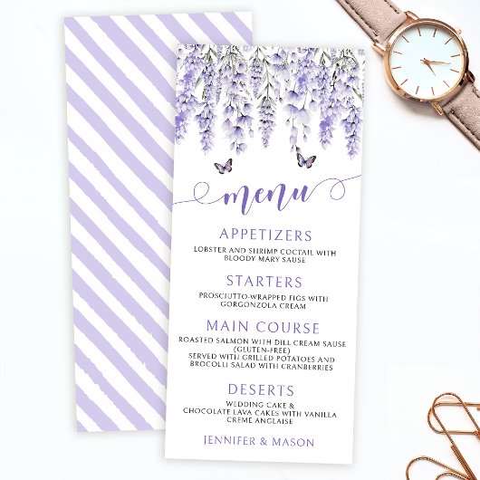 Cartes de menu mariage violet lavande fleurie