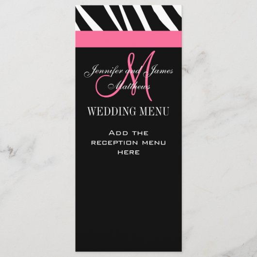 Cartes de menu Mariage Zebra Monogramme rose (Devant)