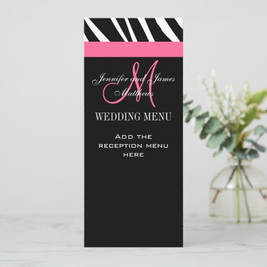 Cartes de menu Mariage Zebra Monogramme rose (Debout devant)