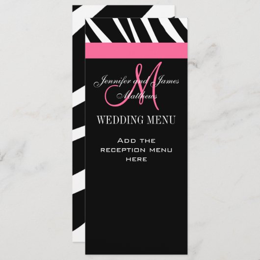 Cartes de menu Mariage Zebra Monogramme rose (Devant / Derrière)