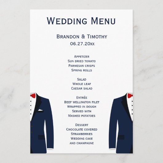 Cartes De Menu Mariages Gay Bleu Et Blanc (Devant)